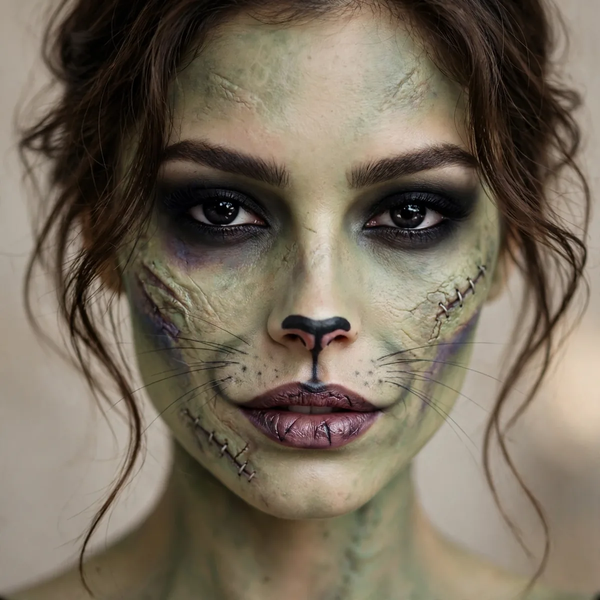 Zombie cat Halloween makeup with greenish skin, dark eyes, and whisker details