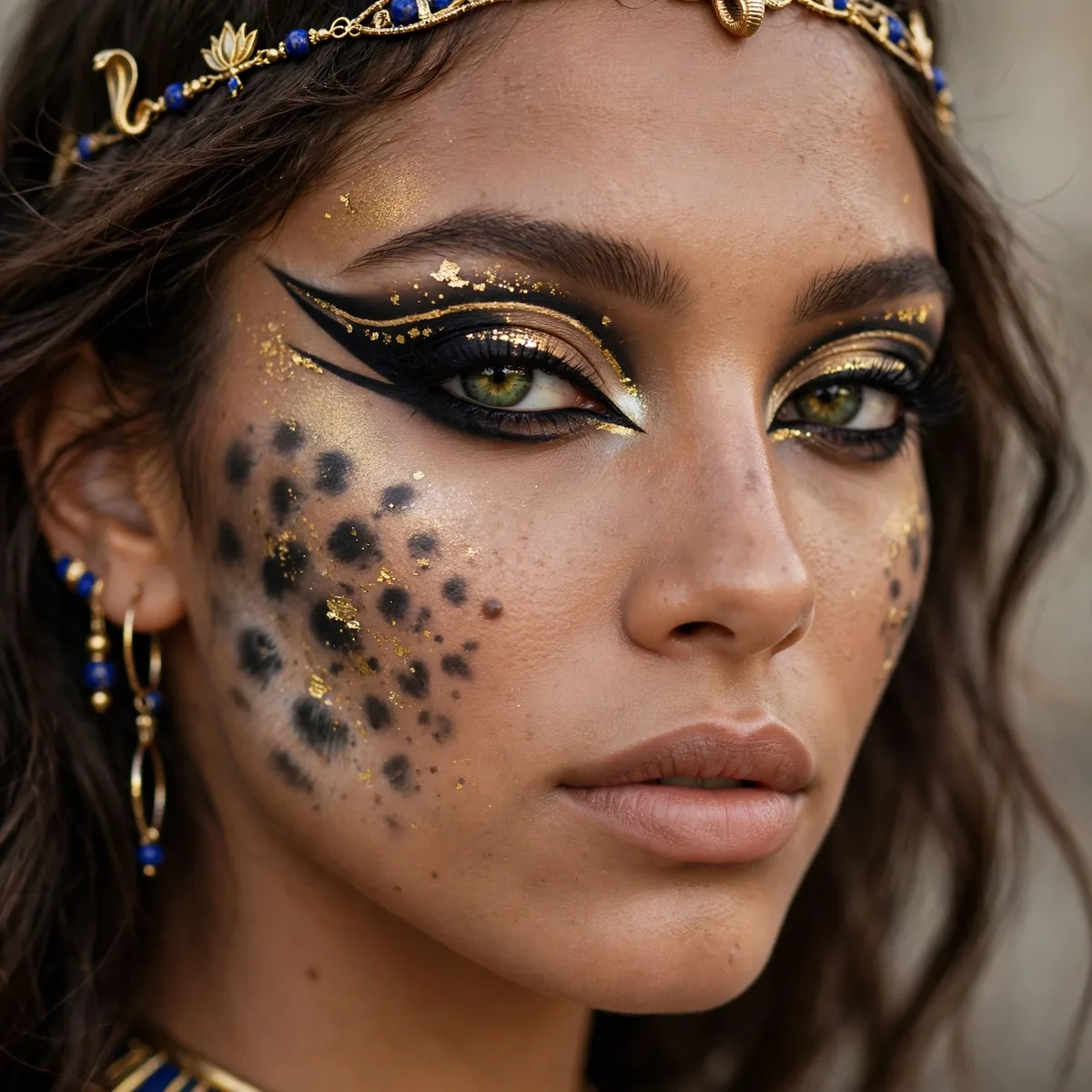Egyptian inspired cat makeup with gold accents and kohl liner like ancient royalty