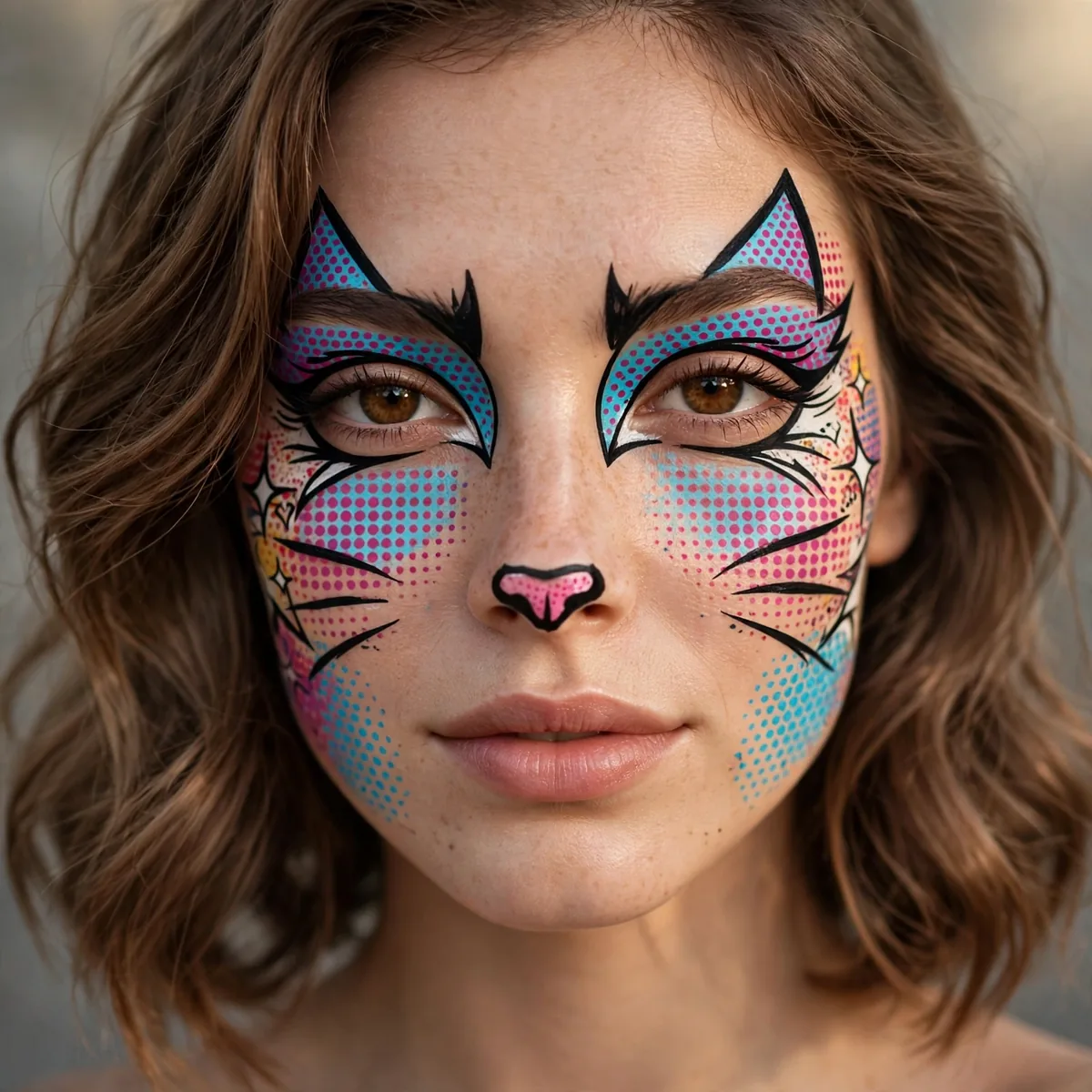 Pop art comic style cat makeup with bold outlines and halftone dots