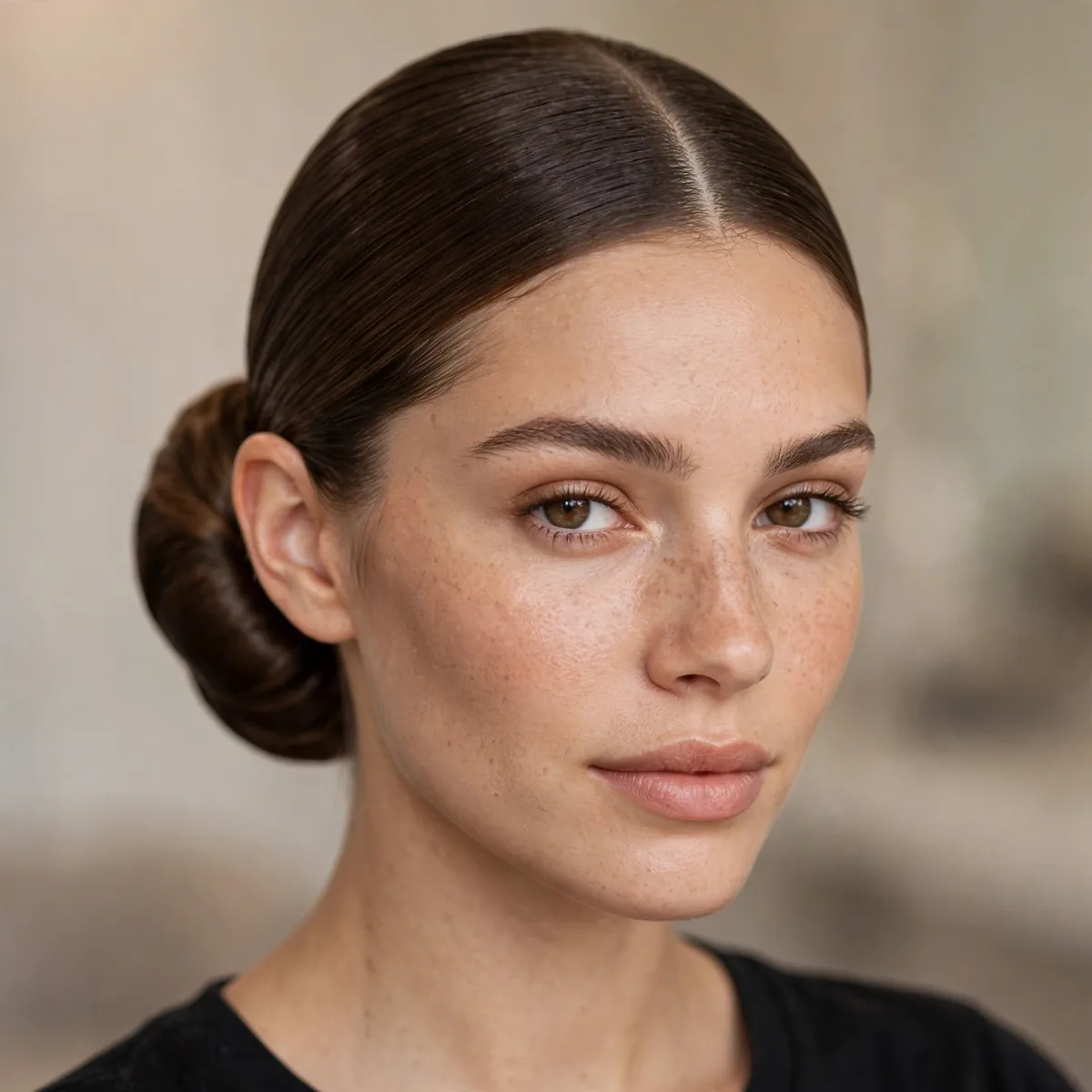 Sleek low bun with a middle part