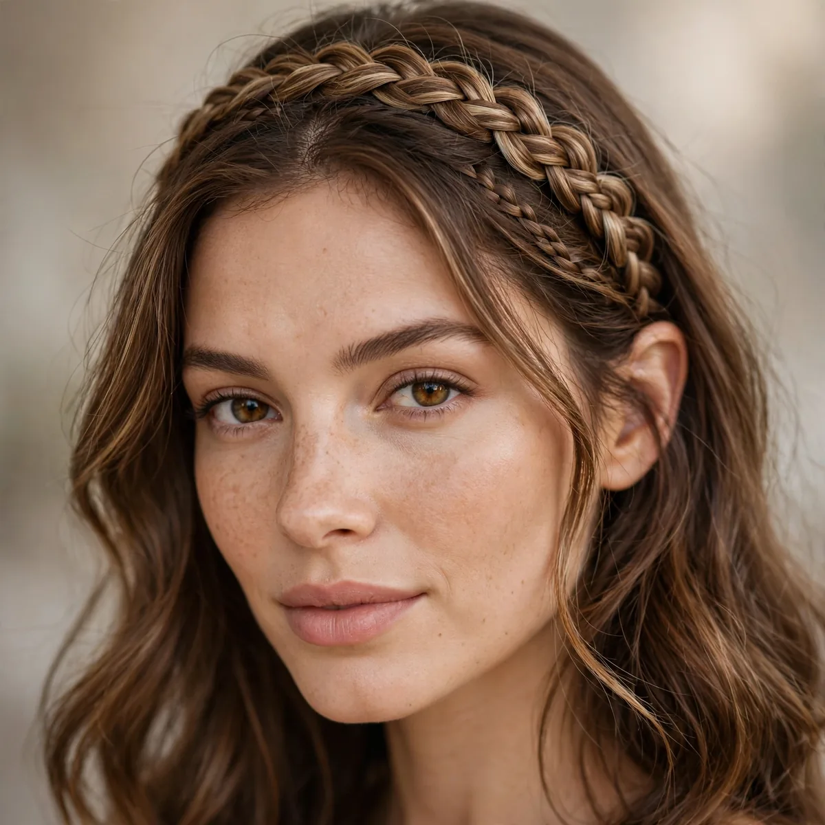 Braid styled as a headband across the crown