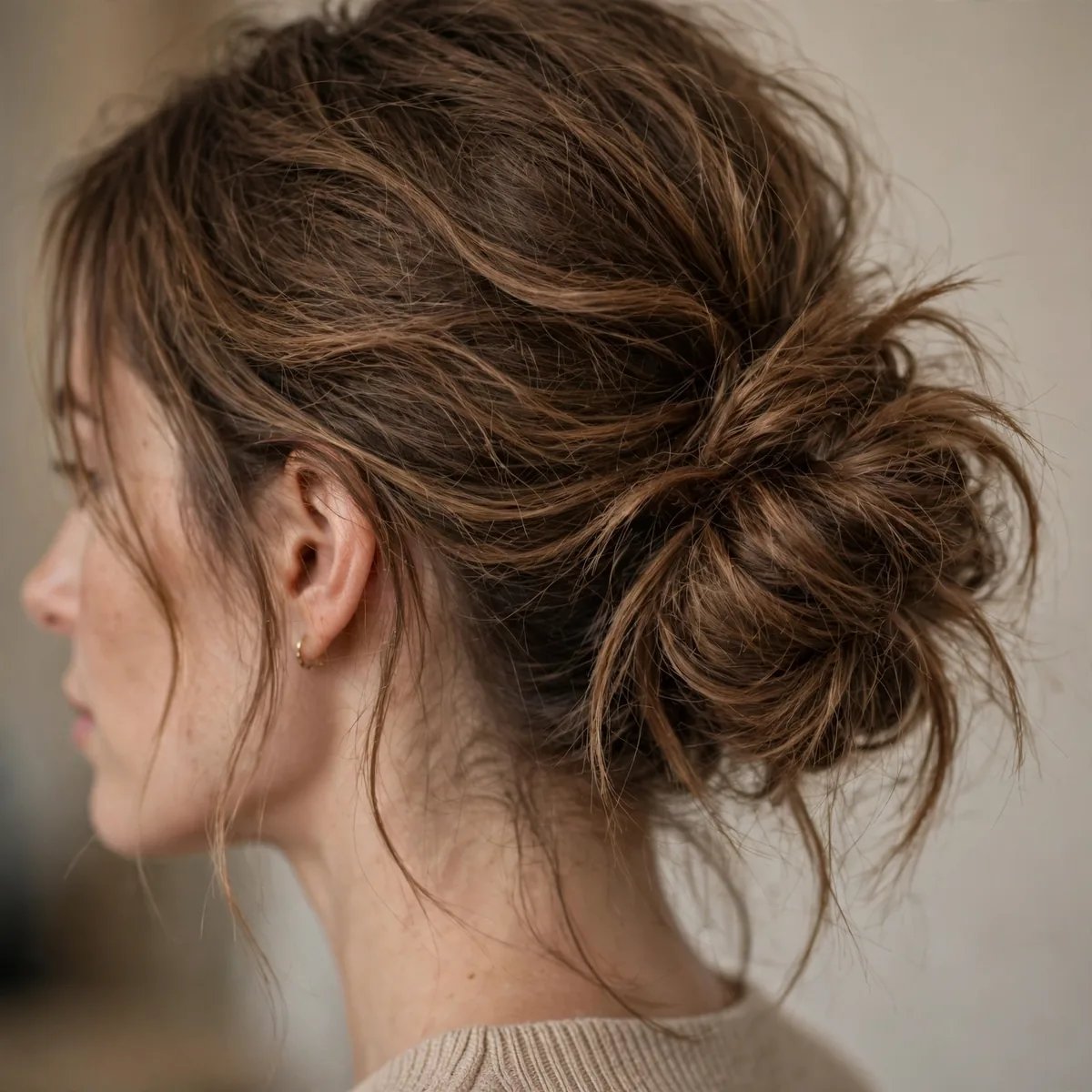 Textured low messy bun