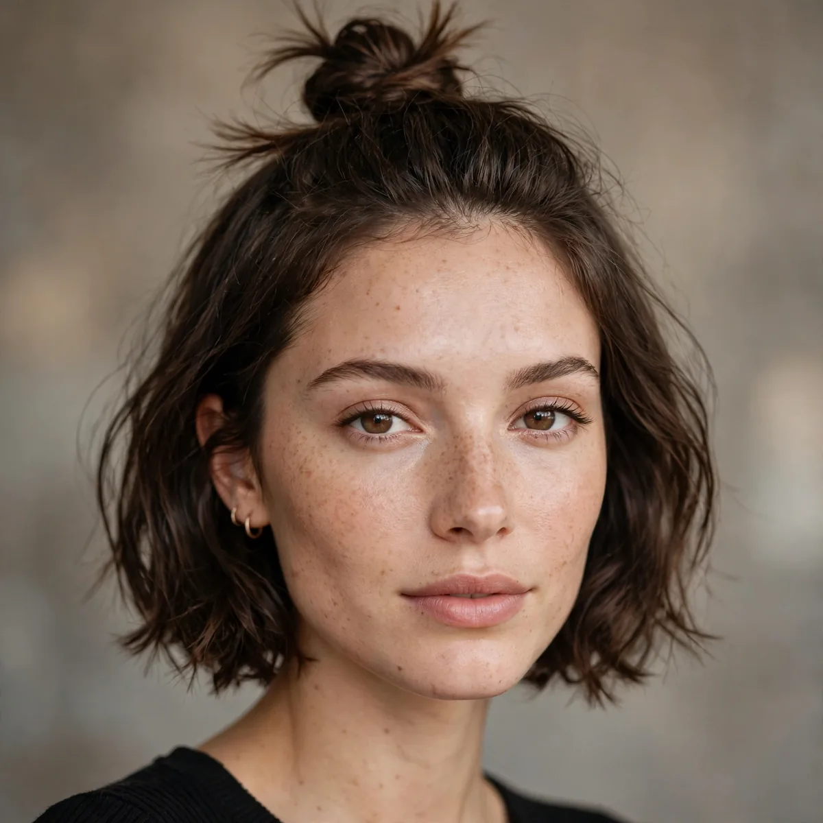 Half-up top knot on short bob