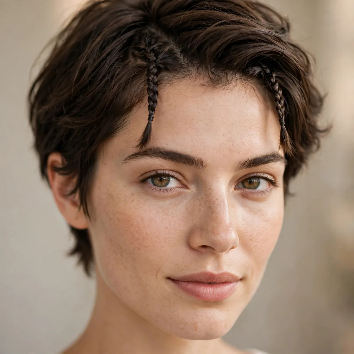 Two mini braids at the front of short hair
