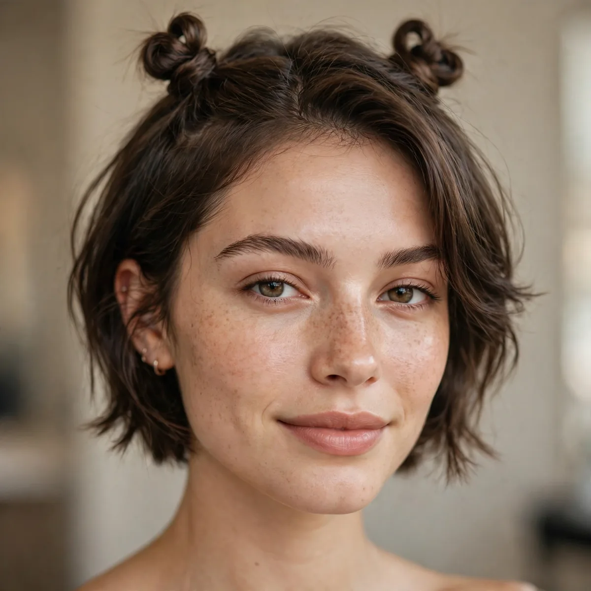 Cute mini space buns on short hair