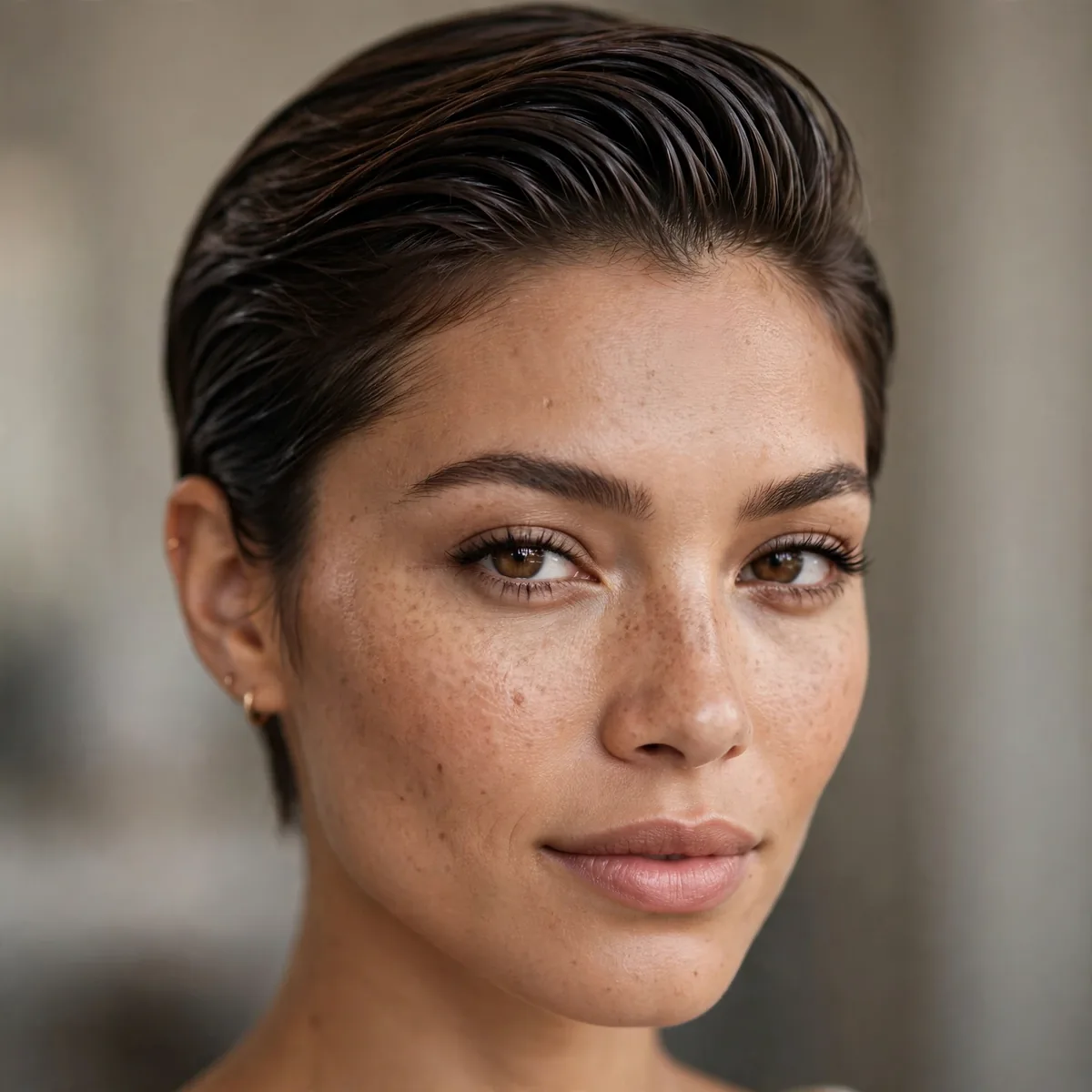 Slicked-back pixie style