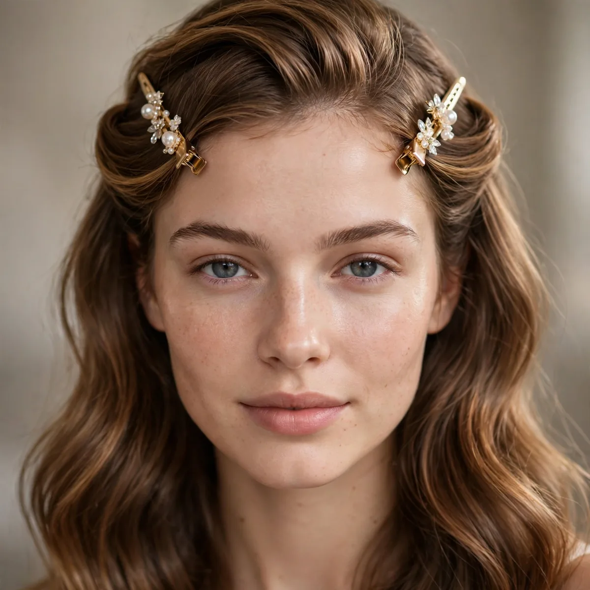 Bangs pinned back with decorative clips