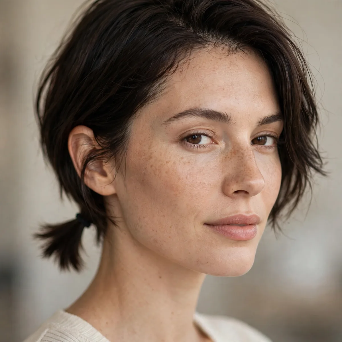 Small low ponytail on short hair