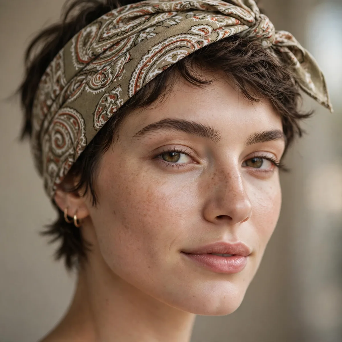 Bandana tied around short hair
