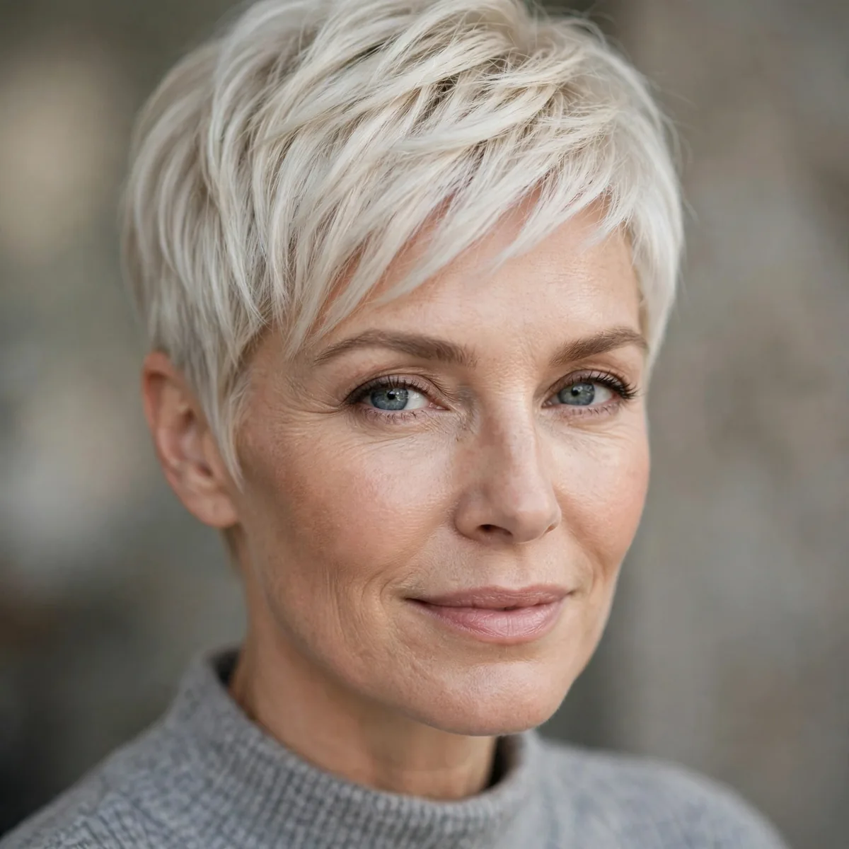 Platinum blonde pixie on woman over 40