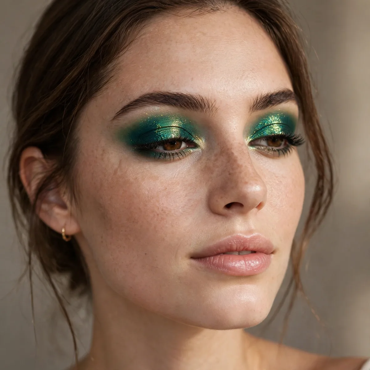 Jewel-toned emerald eyeshadow on lids