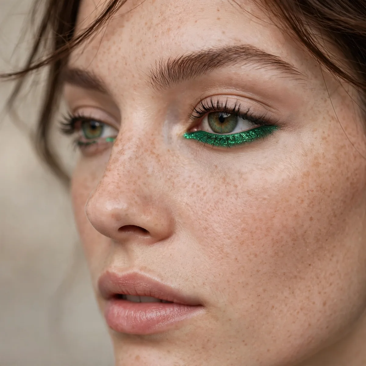 Emerald eyeshadow on lower lash line