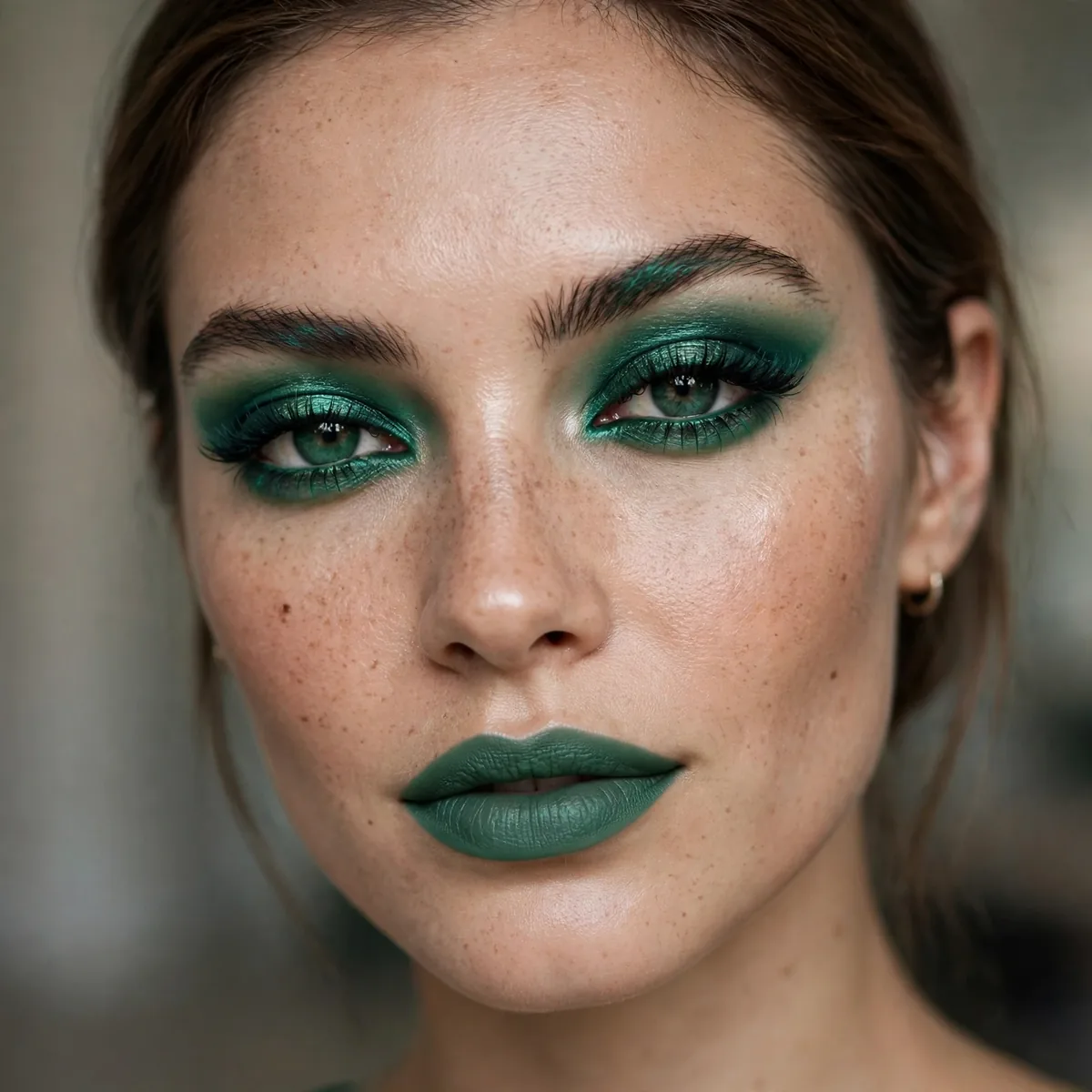 Monochrome emerald green makeup look