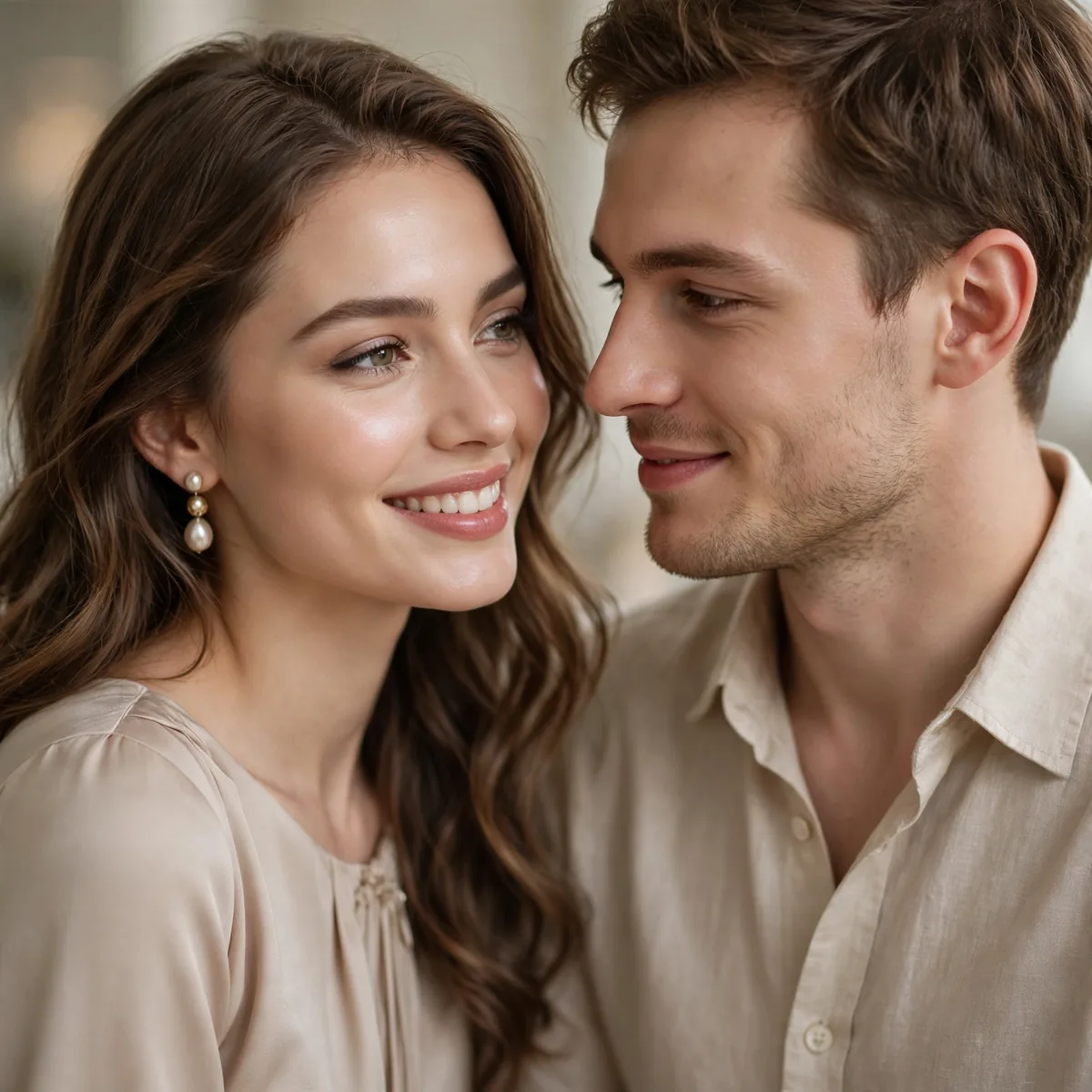 Couple in coordinated neutral outfits