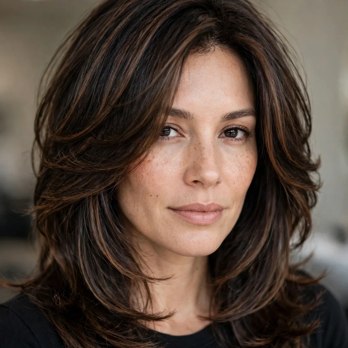 Layered espresso hair with dimension