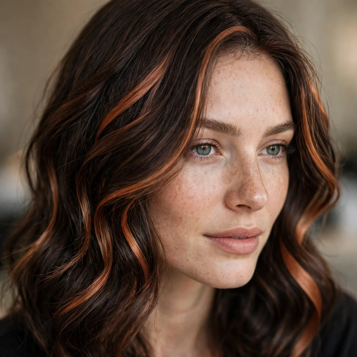 Espresso hair with copper ribbon highlights