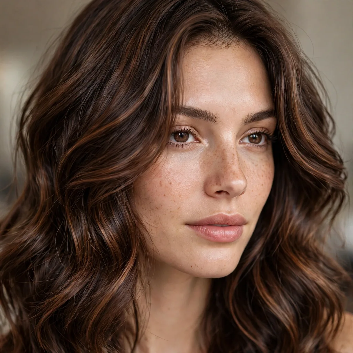 Rich chocolate brown hair with melted dimension