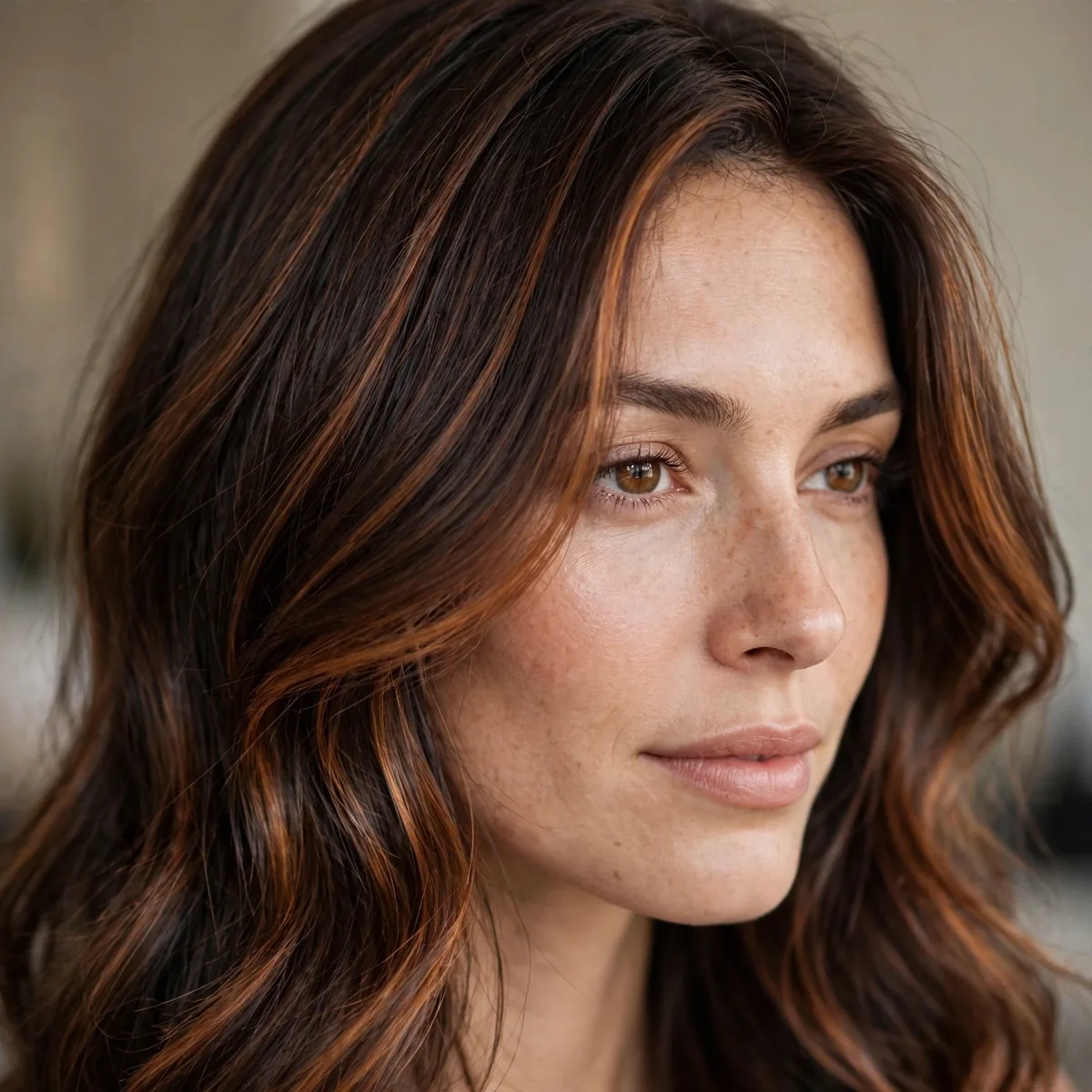 Brunette hair with cognac colored highlights