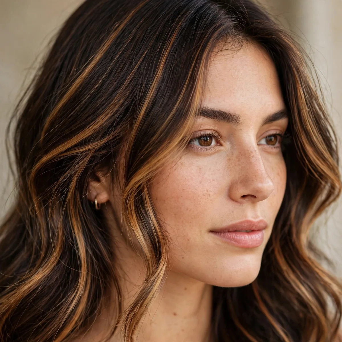 Brunette hair with warm toffee ribbons