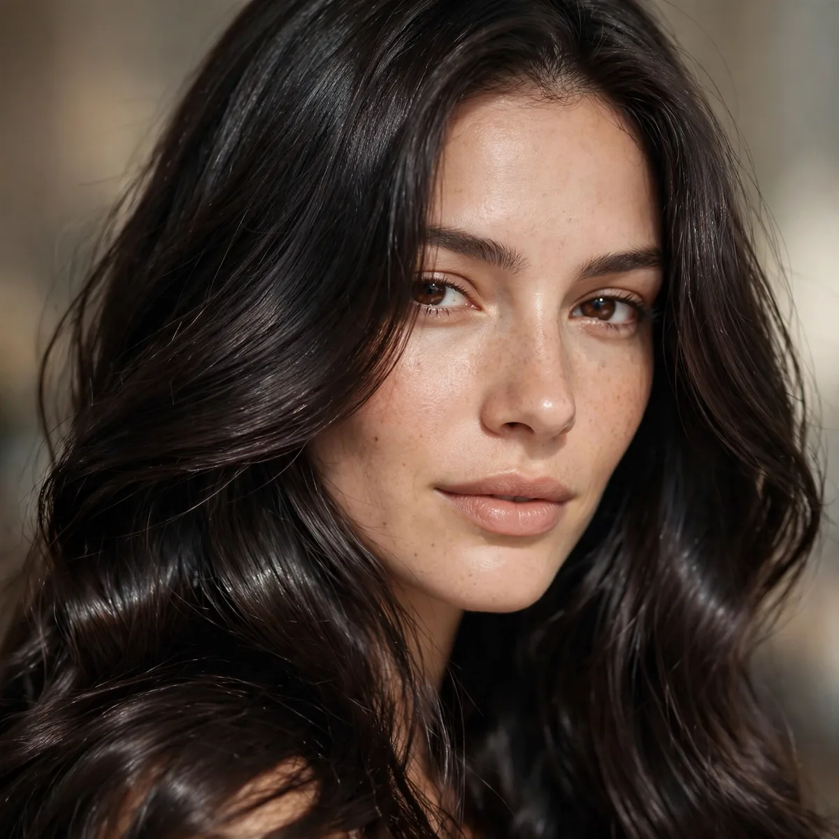Near-black glossy brunette hair