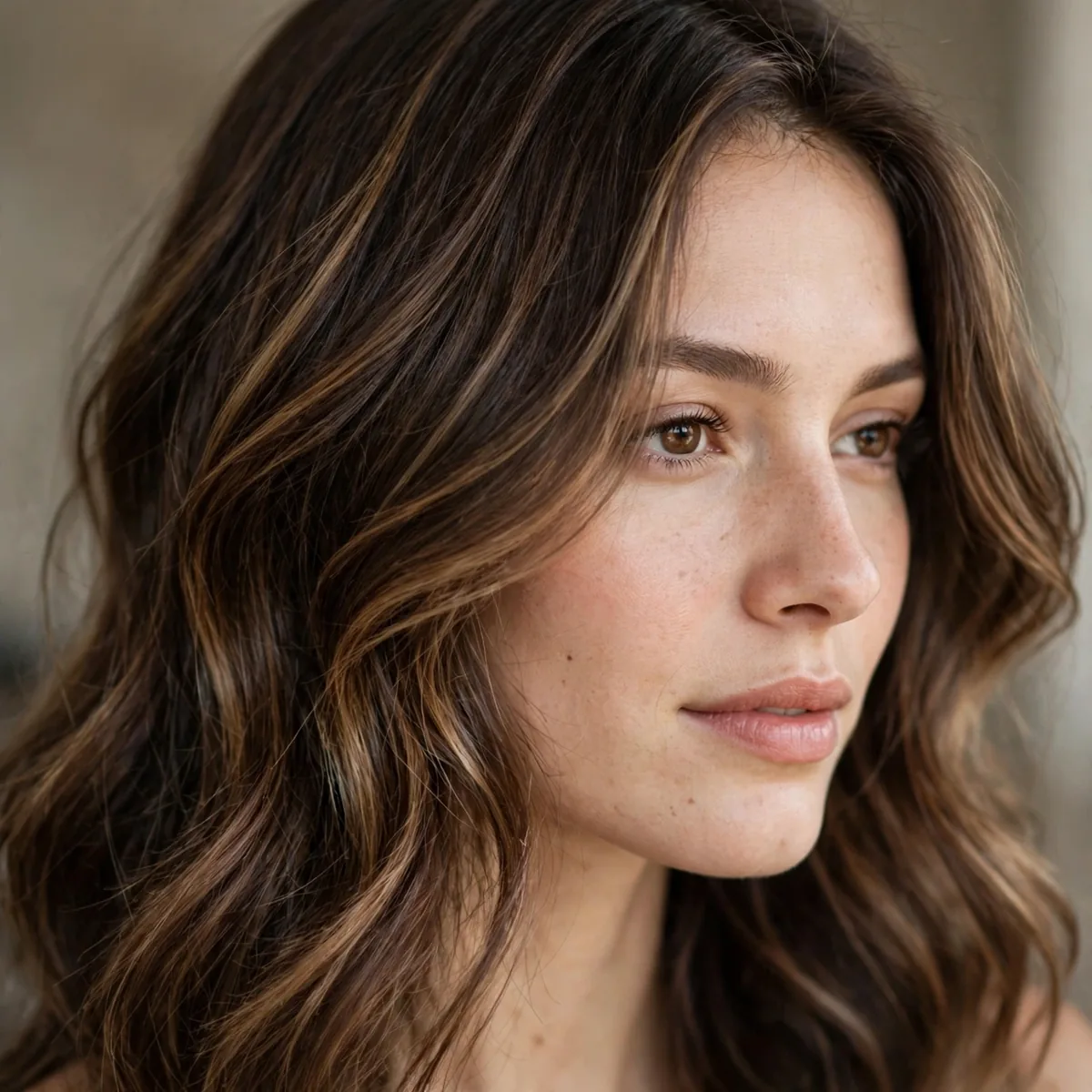 Hazelnut swirled highlights on brunette hair