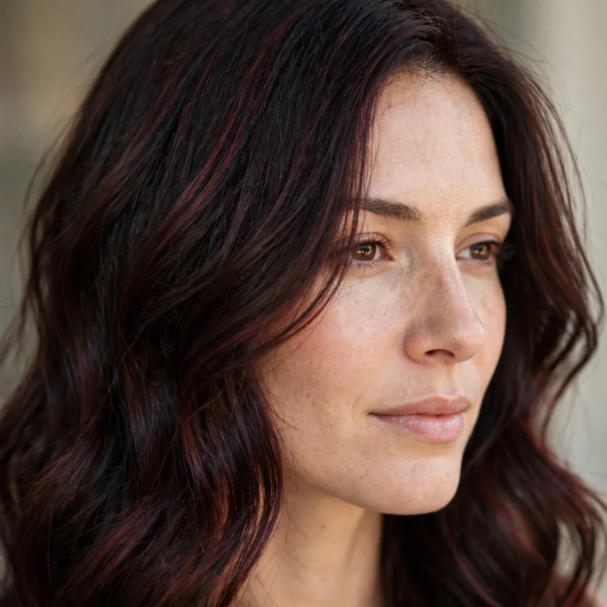 Dark brown hair with subtle cherry red undertone
