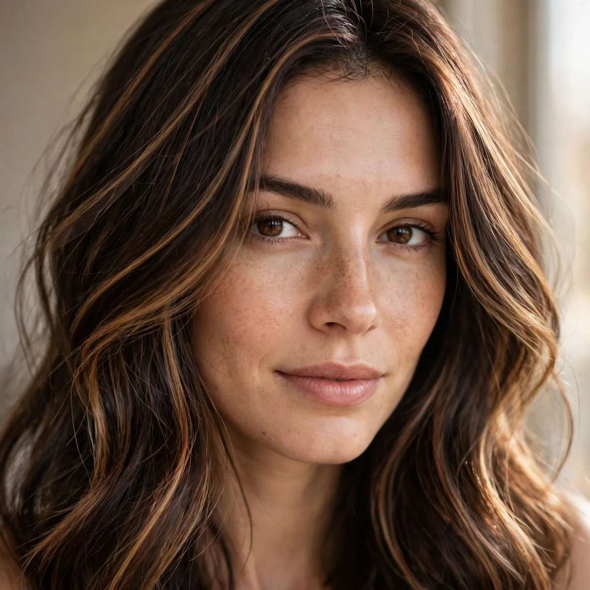 Brunette hair with sheer caramel veil highlights