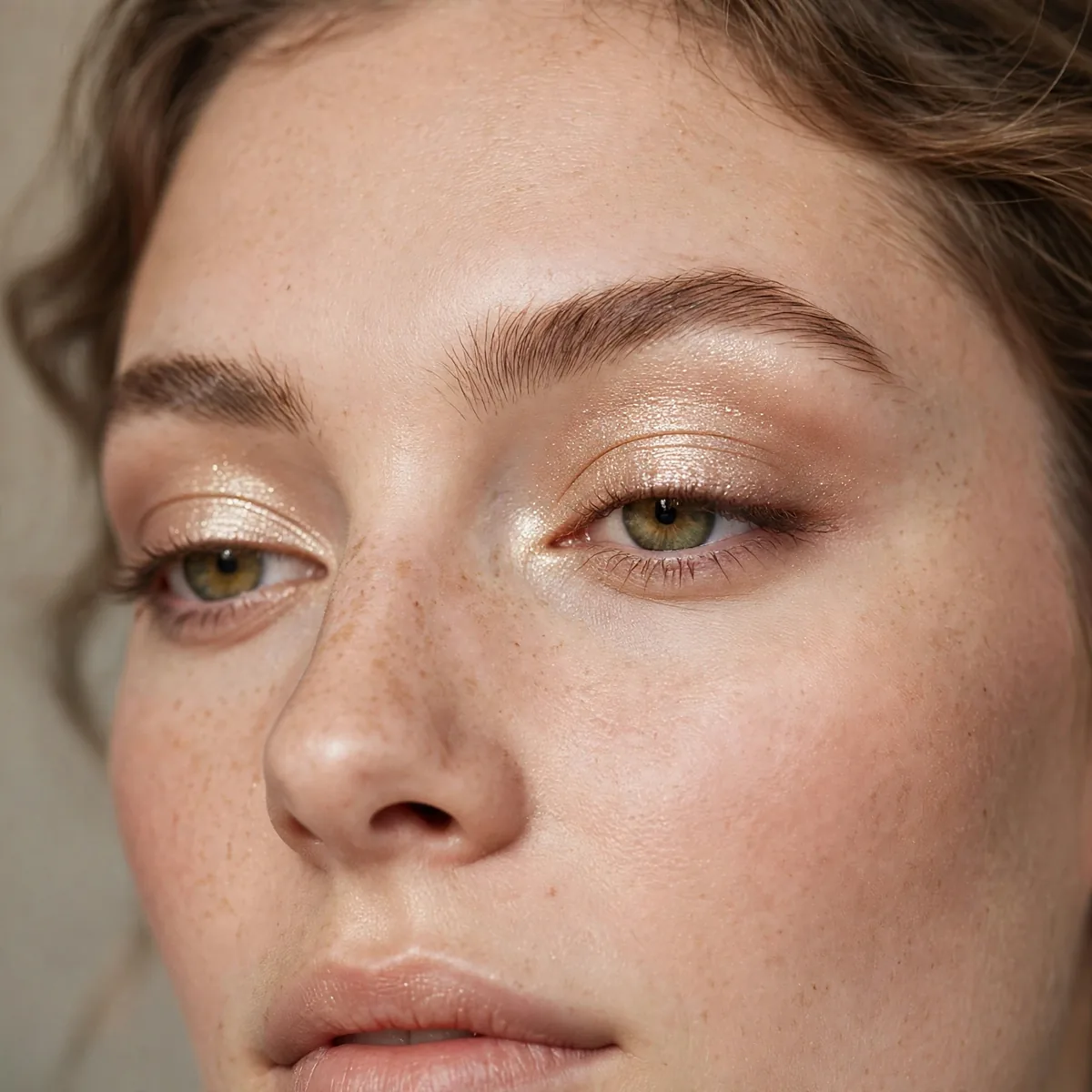Champagne shimmer eyeshadow on the lids for a beginner-friendly glow