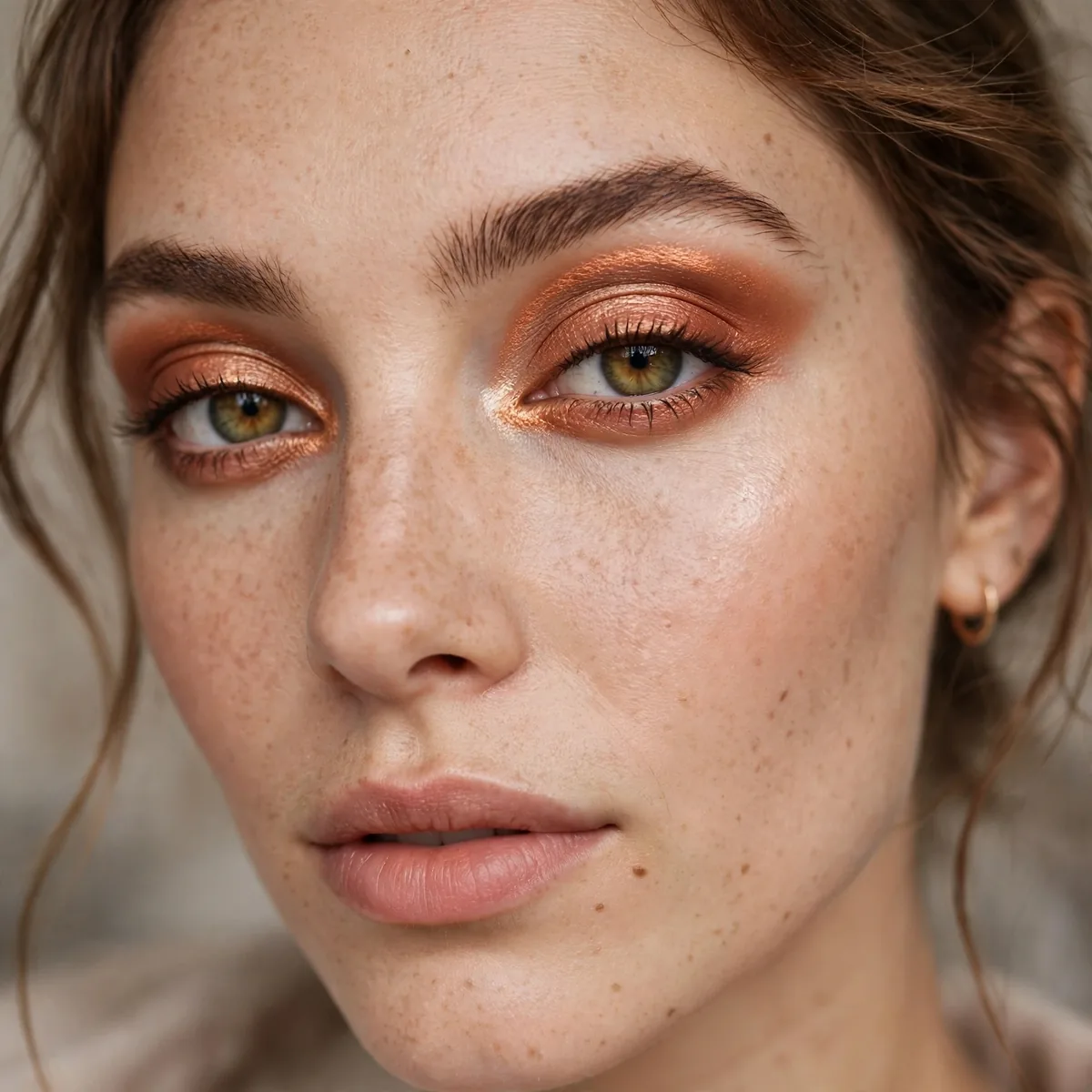 Copper eyeshadow in a halo placement brightening the eyes for beginners
