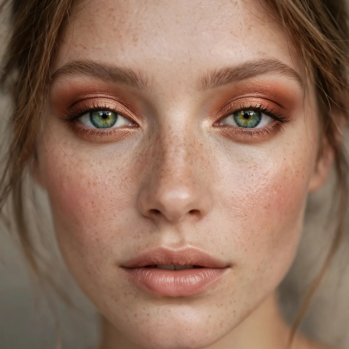 Copper eyeshadow wash on green eyes