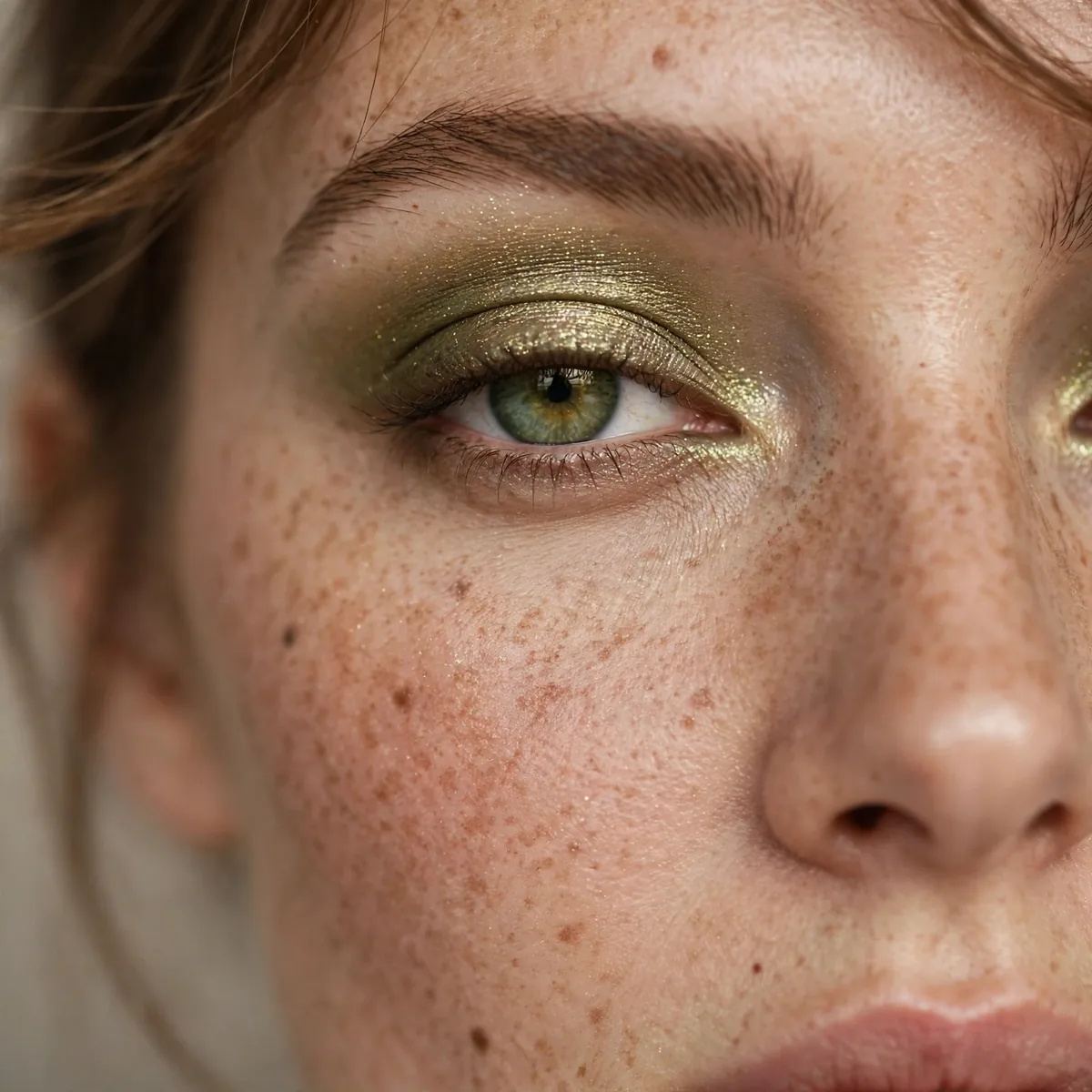 Olive shimmer eyeshadow on green eyes