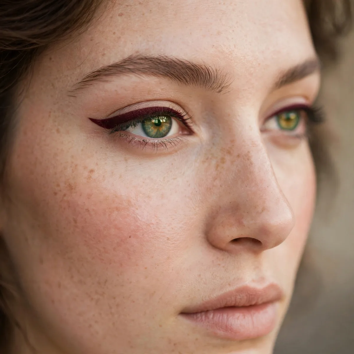 Wine colored eyeliner on green eyes