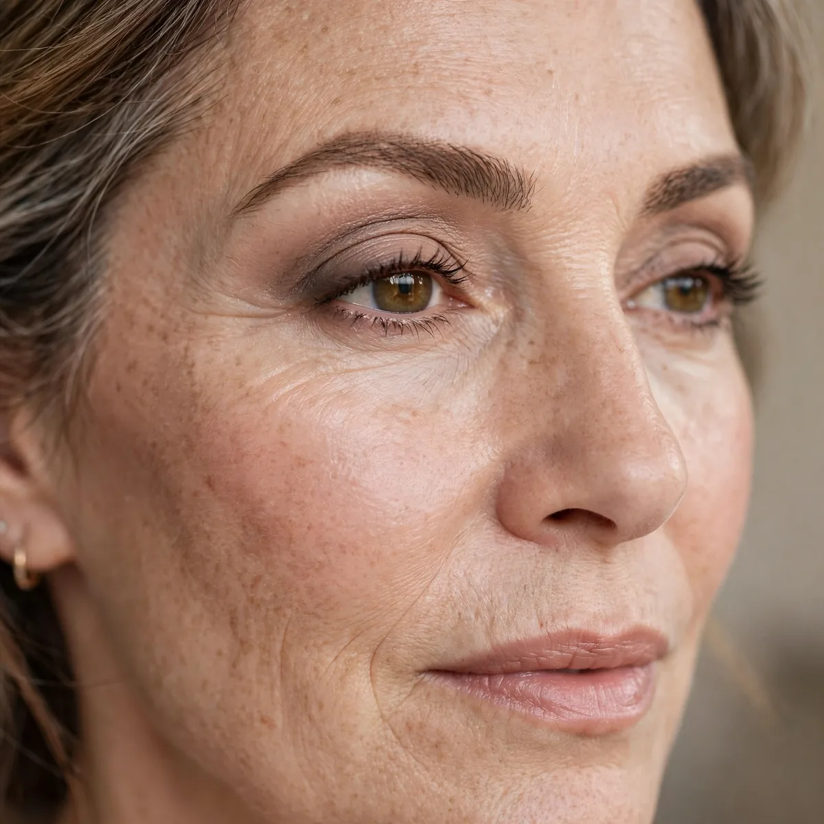 Soft taupe eyeshadow blended upward to lift mature eyes