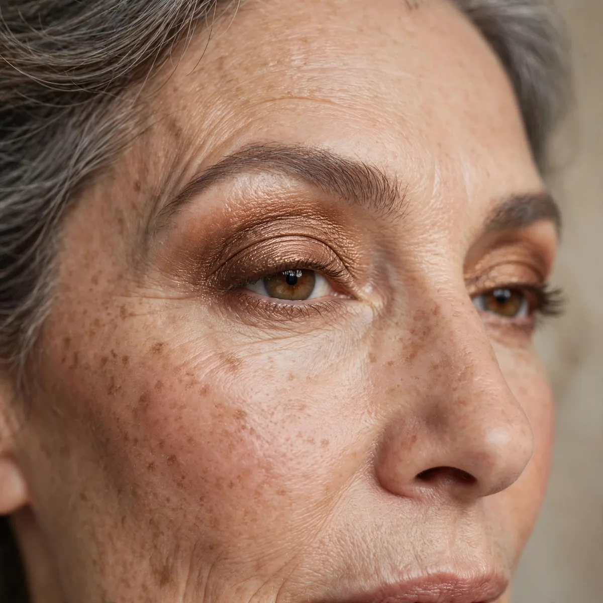 Silky bronze eyeshadow wash on mature eyes for warmth