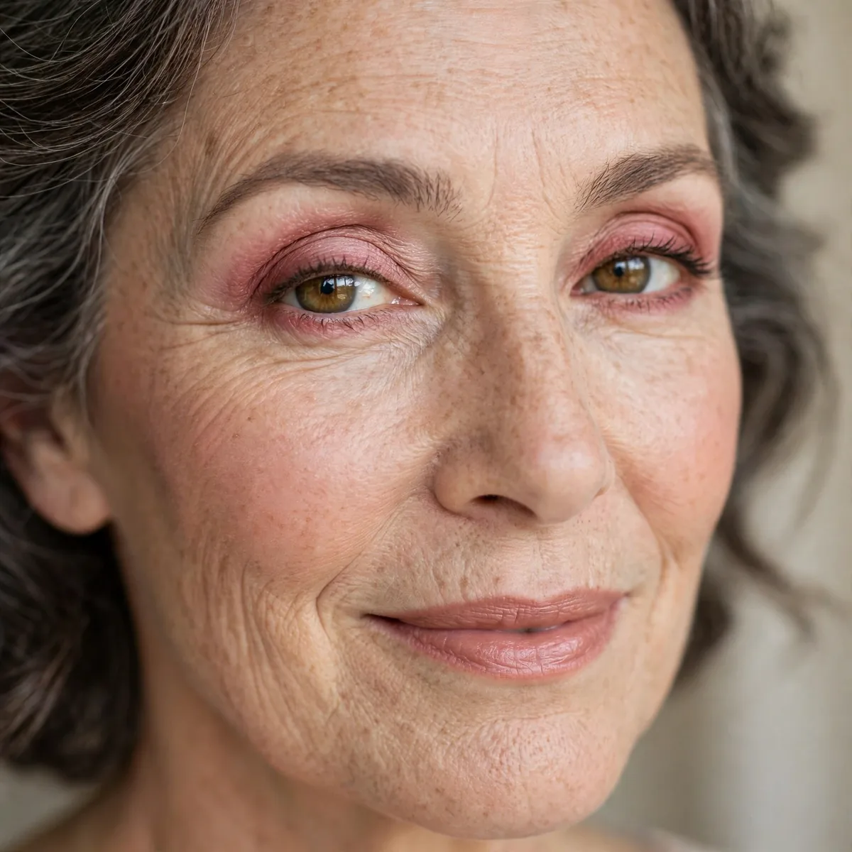 Muted rose eyeshadow brightening mature eyes softly
