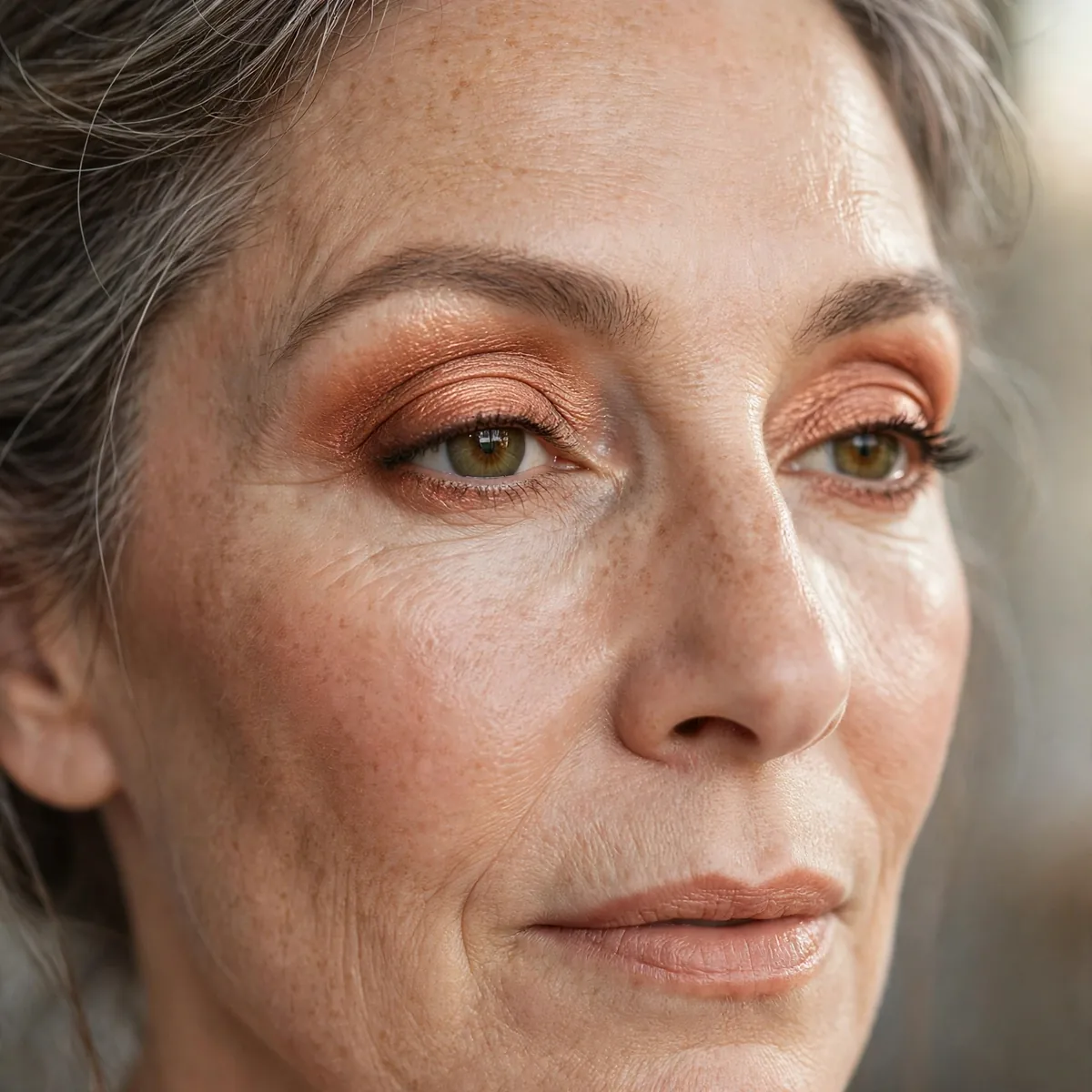Soft copper eyeshadow radiating warmth on mature eyes