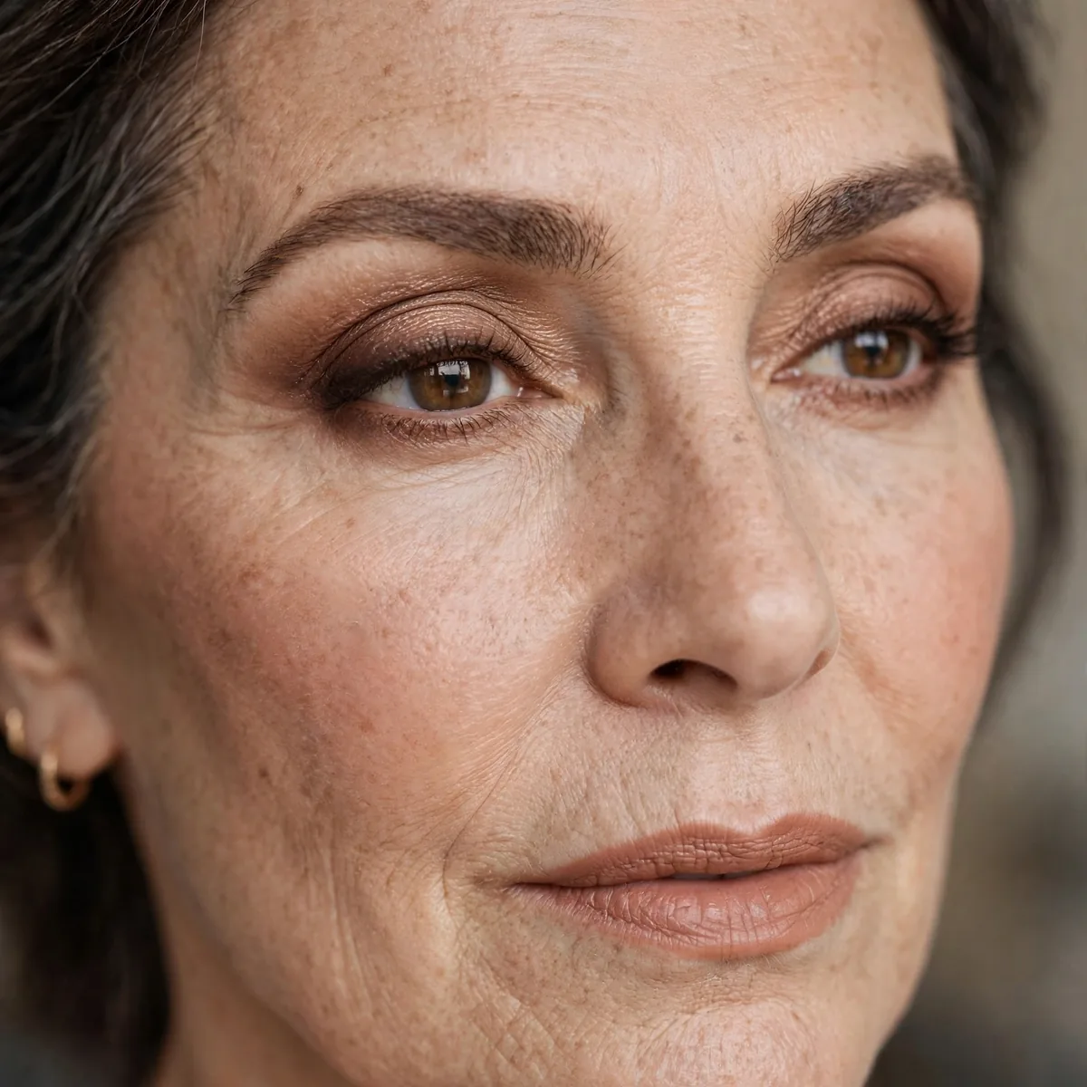 Warm brown eyeshadow softly defining mature eyes