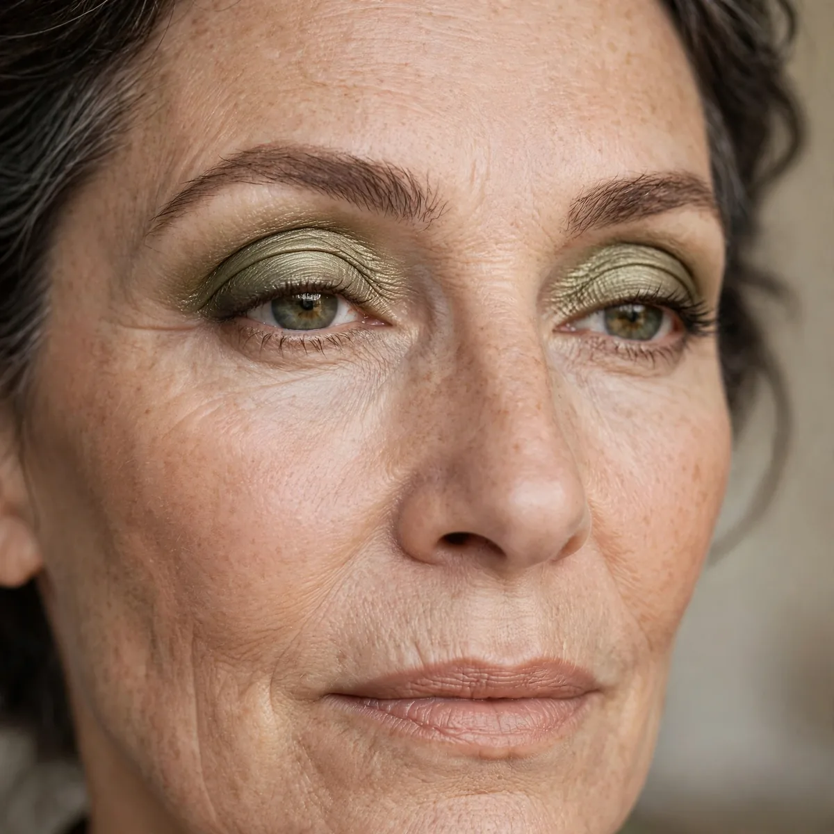 Elegant satin olive eyeshadow on mature eyes