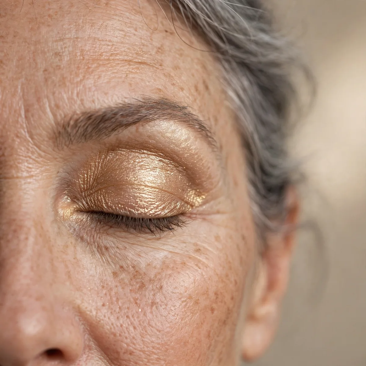 Champagne gold eyeshadow illuminating mature eyelids