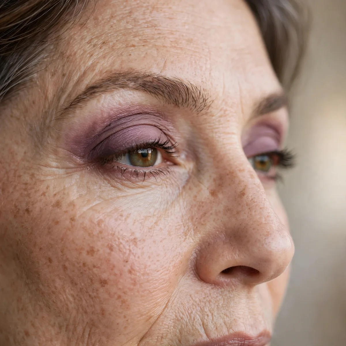 Dusky mauve eyeshadow adding soft dimension to mature eyes