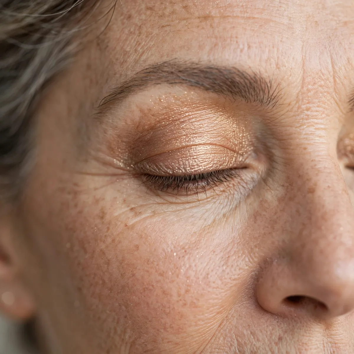 Warm sandy shimmer eyeshadow glowing softly on mature lids