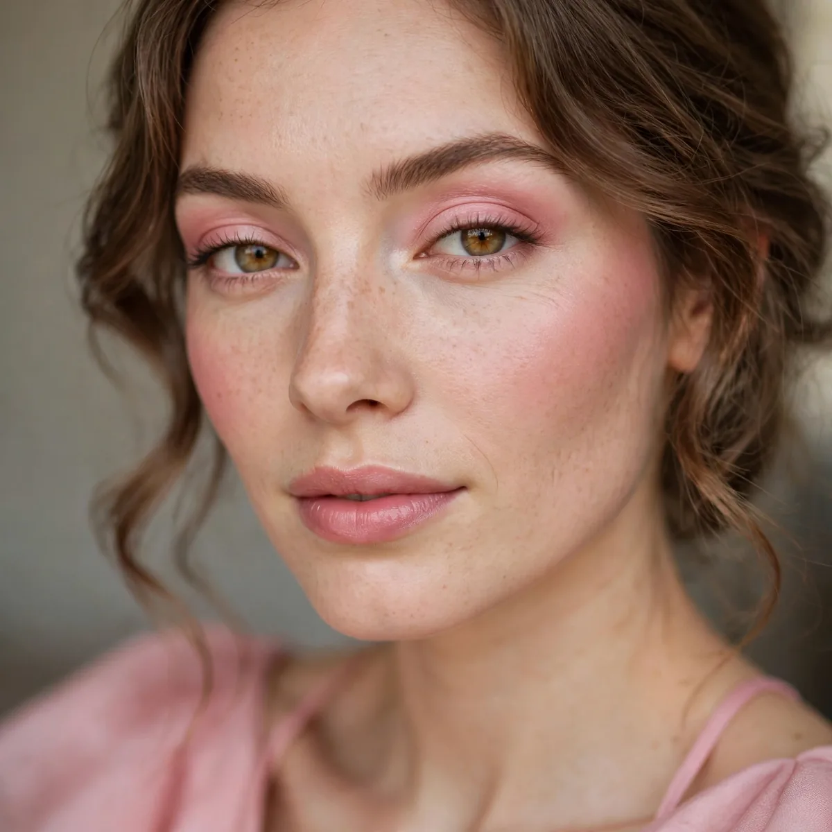 Soft blush pink eyeshadow wash complementing a pink dress