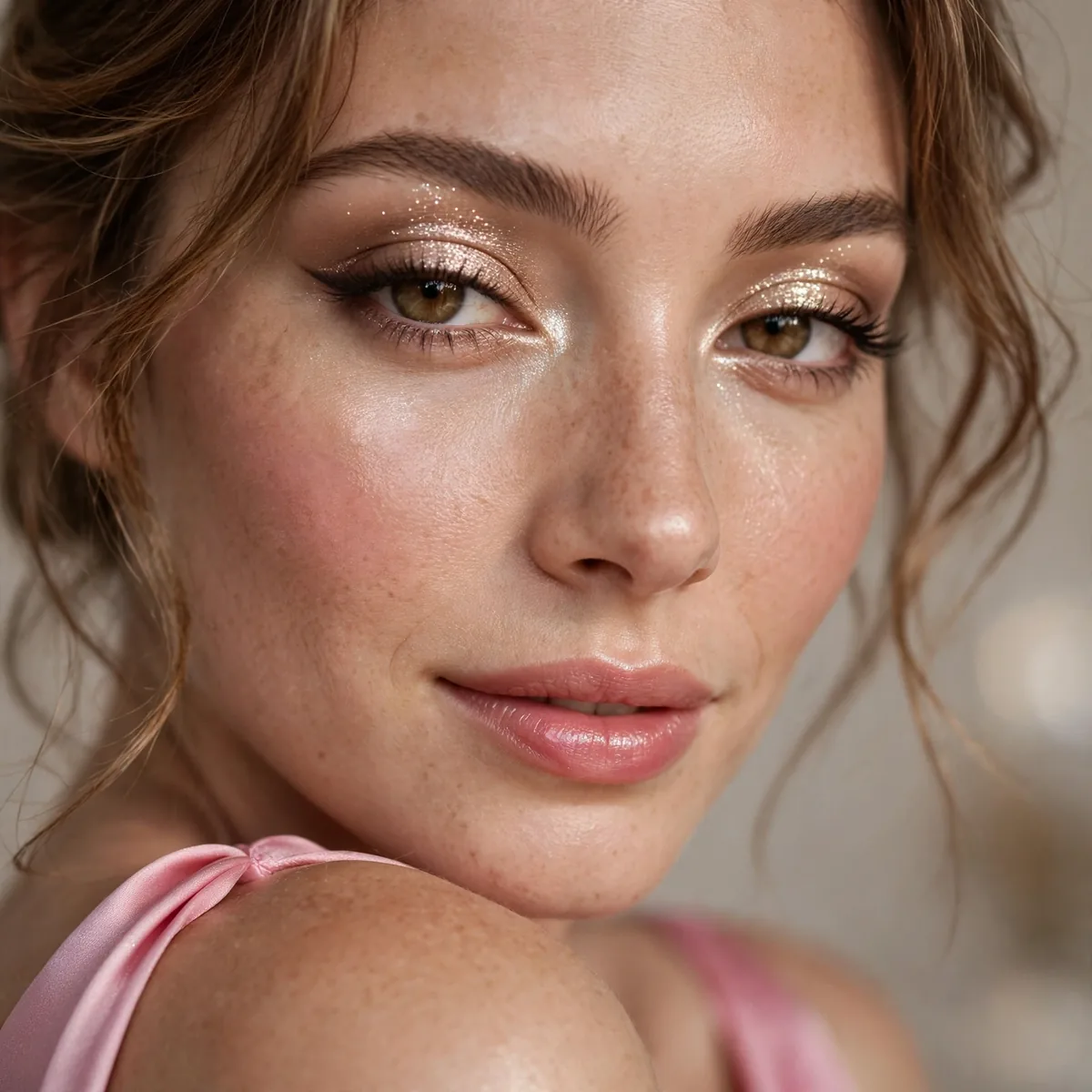 Champagne shimmer eyeshadow elegant with a pink dress