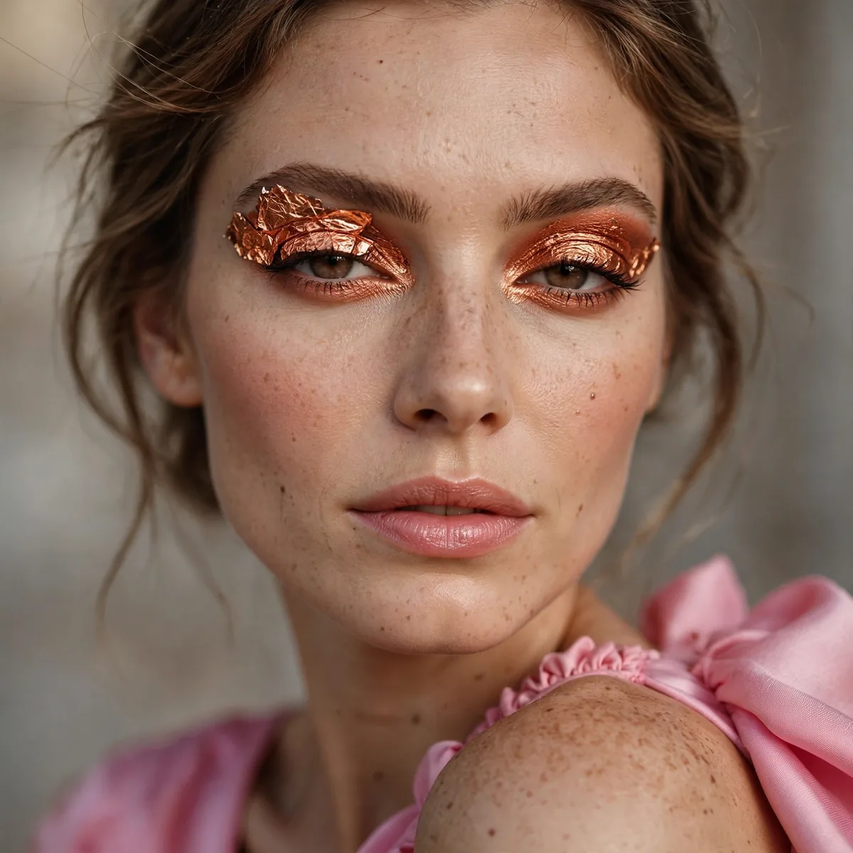 Bold copper foil eyeshadow making a statement with a pink dress