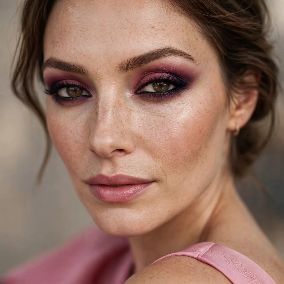 Berry smokey eyeshadow adding depth with a pink dress