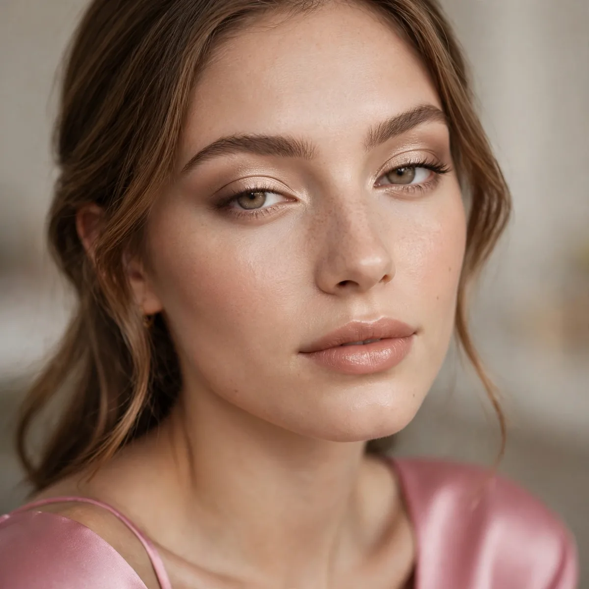 Nude satin eyeshadow polished and refined with a pink dress