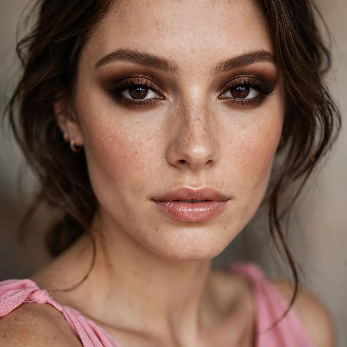 Chocolate brown eyeshadow adding rich depth with a pink dress
