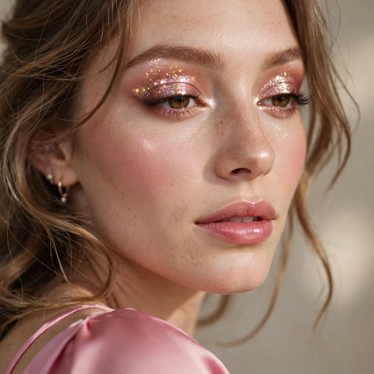 RosΓ© champagne sparkle eyeshadow festive with a pink dress