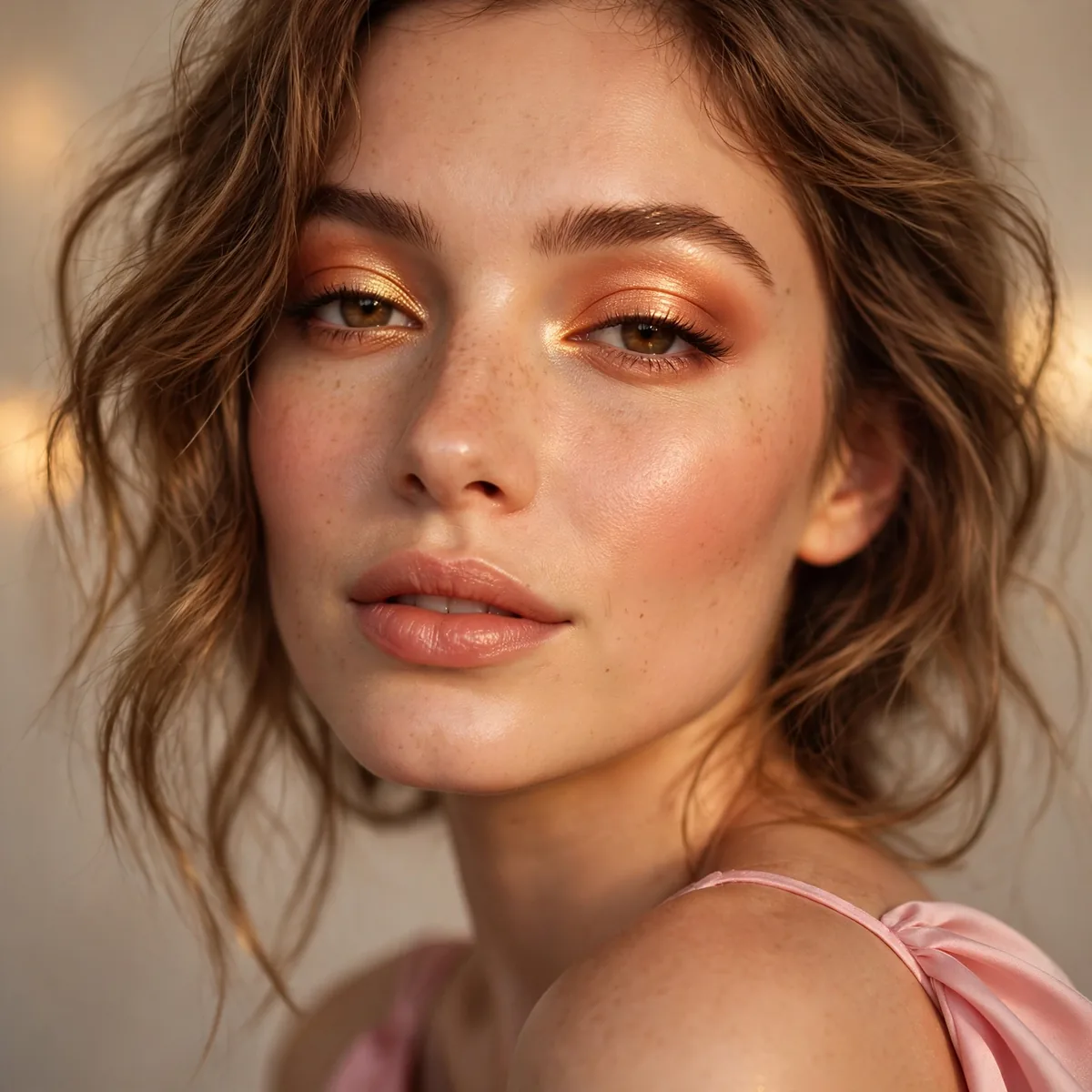 Apricot eyeshadow glowing warmly with a pink dress