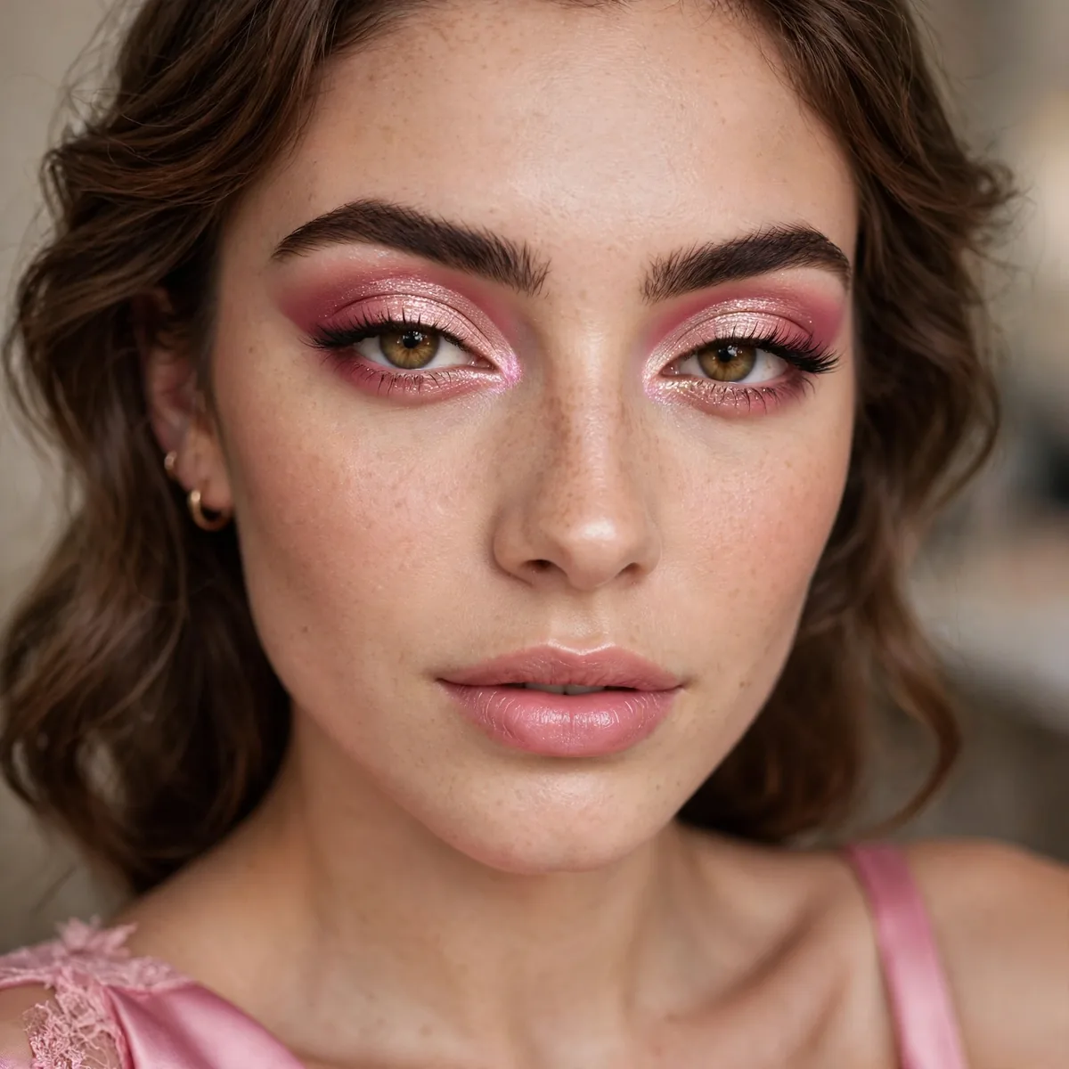 Pink champagne cut crease eyeshadow dramatic with a pink dress